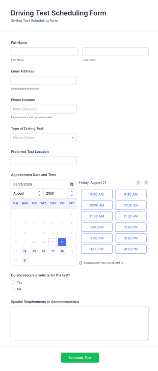 Driving Test Scheduling Form Template