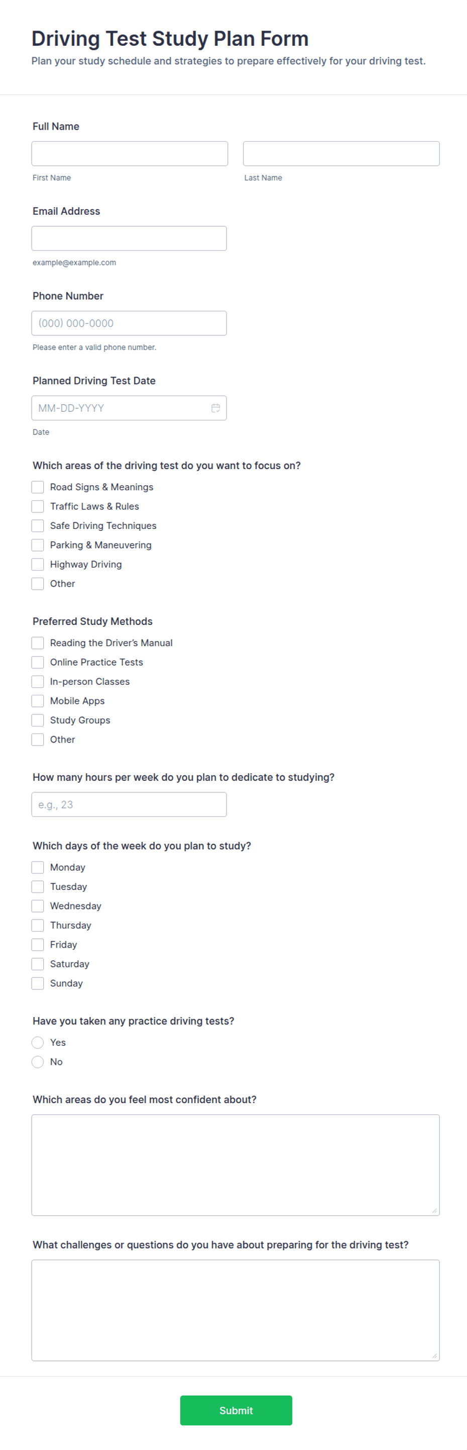 Rmv Forms.pdf Driving Test Study Plan Form Template | Jotform