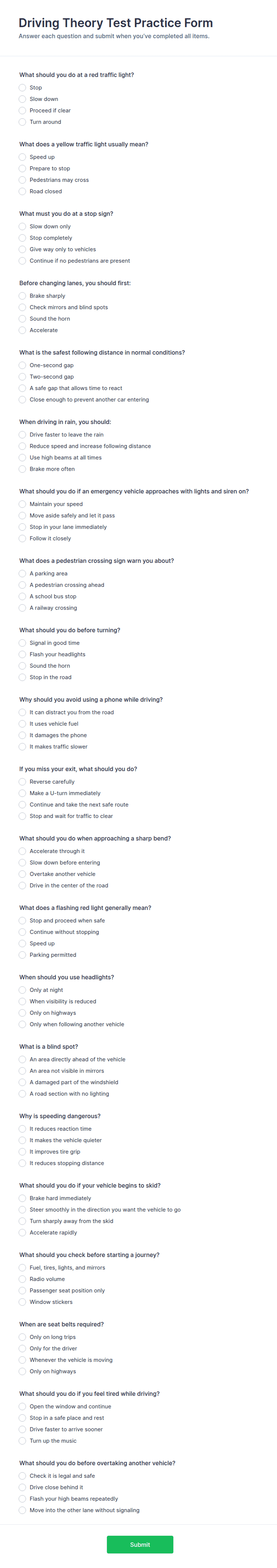 Driving Theory Test Practice Form Template | Jotform
