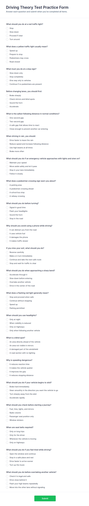 Driving Theory Test Practice Form Template