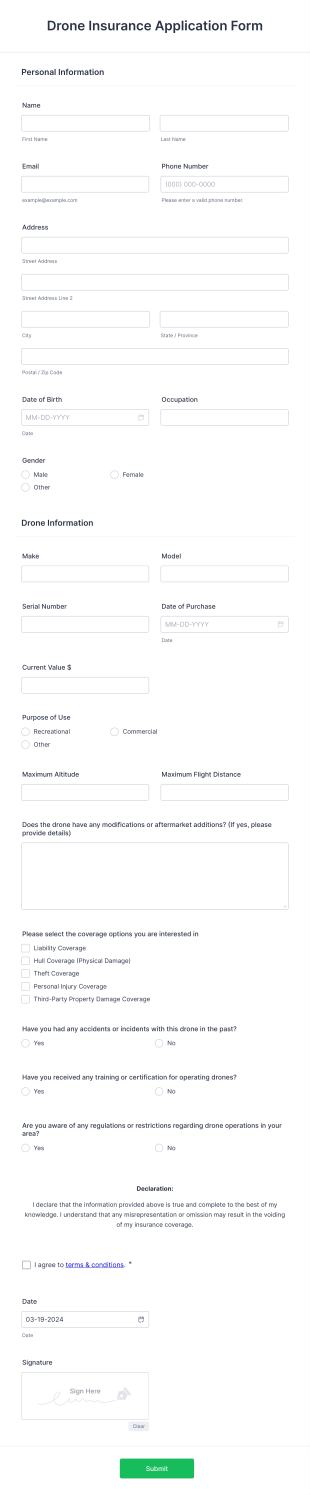 Drone Insurance Application Form Template