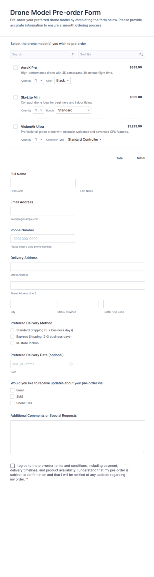 Drone Model Pre Order Form Template