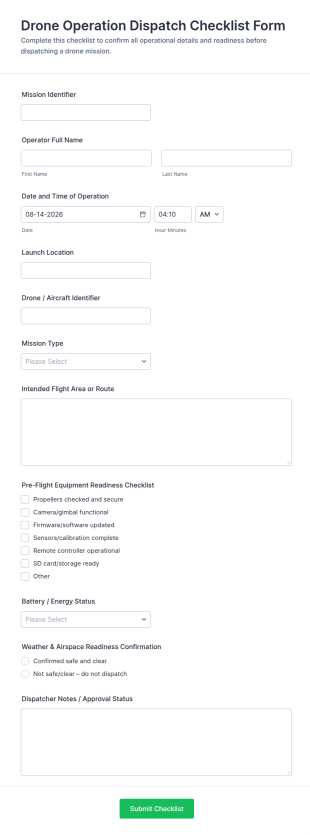 Drone Operation Dispatch Checklist Form Template