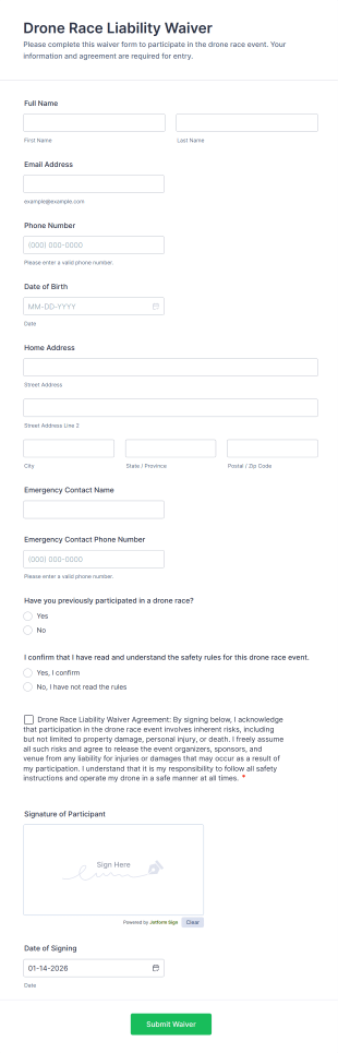 Drone Race Liability Waiver Form Template