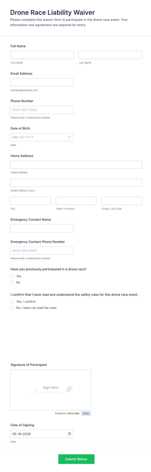 Drone Race Liability Waiver Form Template