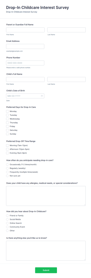 Drop In Childcare Interest Survey Form Template