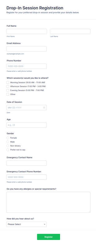 Drop In Session Registration Form Template
