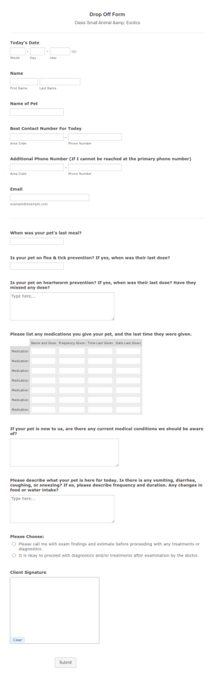 Small Animal Drop Off Form Template