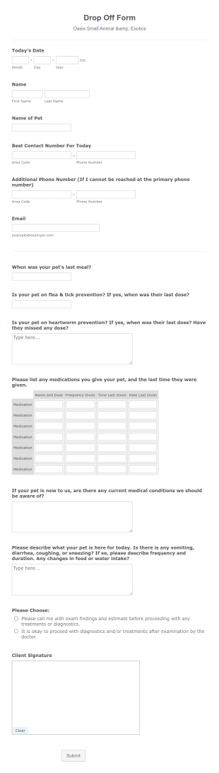 Small Animal Drop Off Form Template