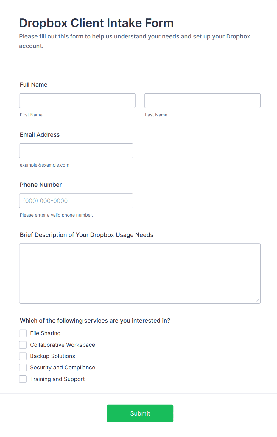 Dropbox Client Intake Form Template | Jotform
