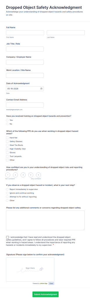 Dropped Object Safety Acknowledgment Form Template