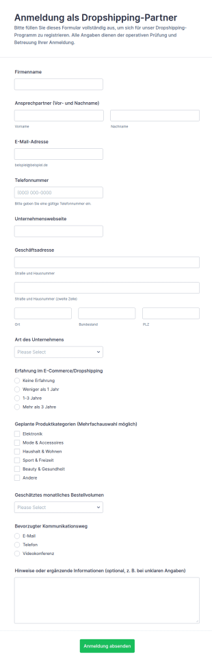 Dropshipper Bewerbungsformular