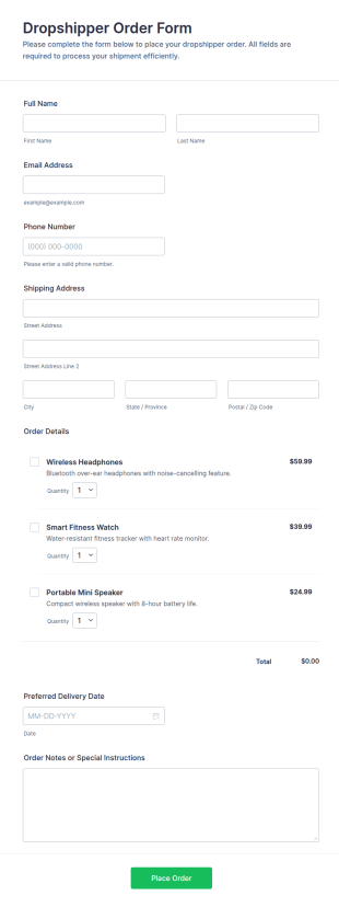 Dropshipper Order Form Template