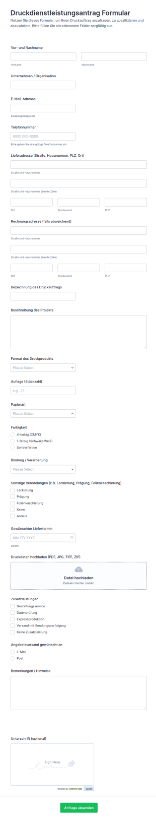 Druckauftrag Anfrageformular