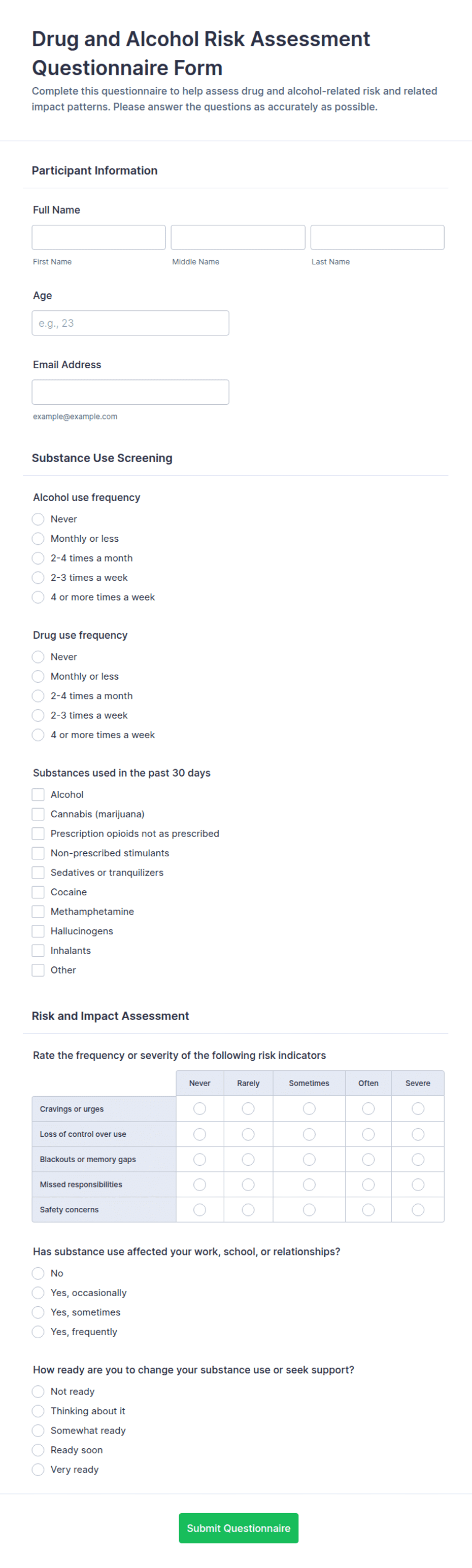 Drug and Alcohol Risk Assessment Questionnaire Form Template | Jotform