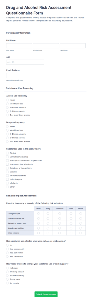 Drug And Alcohol Risk Assessment Questionnaire Form Template