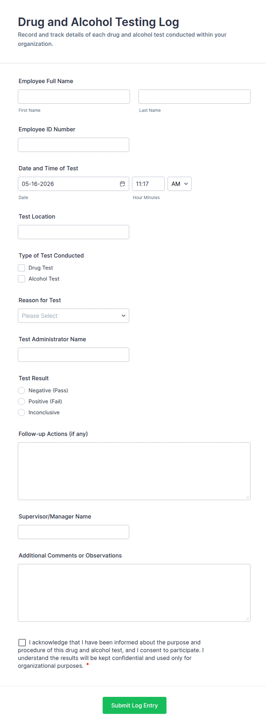 Drug Testing Spreadsheet Drug and Alcohol Testing Log Form Template | Jotform