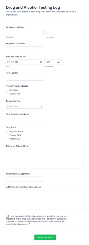 Drug And Alcohol Testing Log Form Template