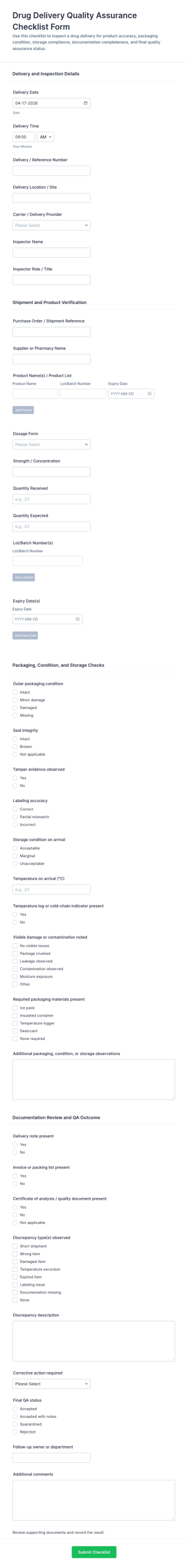 Drug Delivery Quality Assurance Checklist Form Template