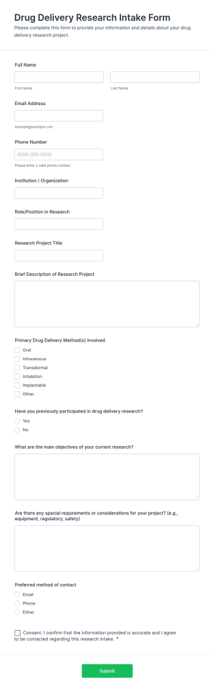 Drug Delivery Research Intake Form Template