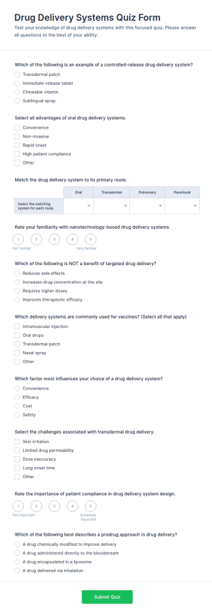 Drug Delivery Systems Quiz Form Template