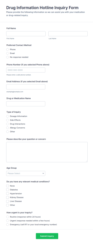 Drug Information Hotline Inquiry Form Template