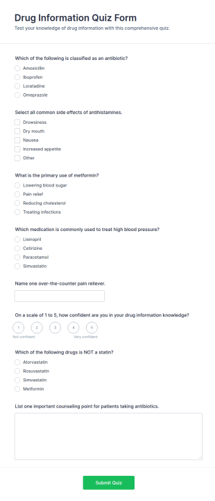 Drug Information Quiz Form Template