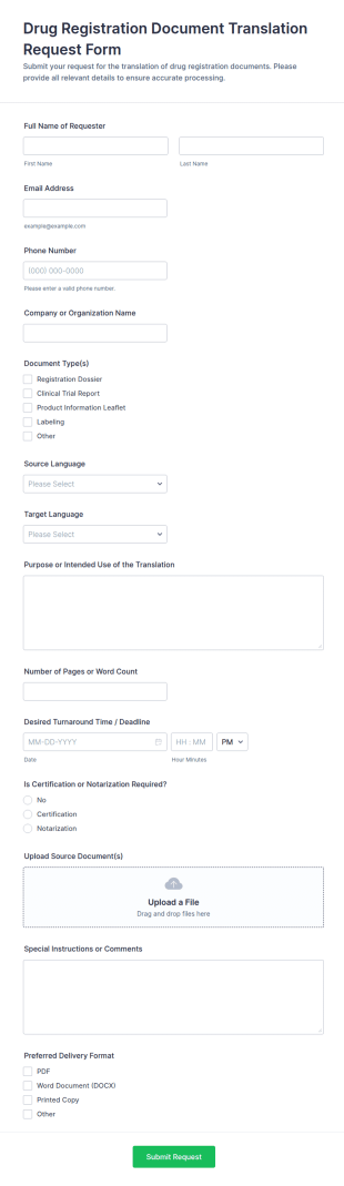 Drug Registration Document Translation Request Form Template