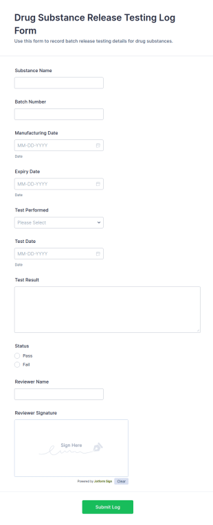 Drug Substance Release Testing Log Form Template
