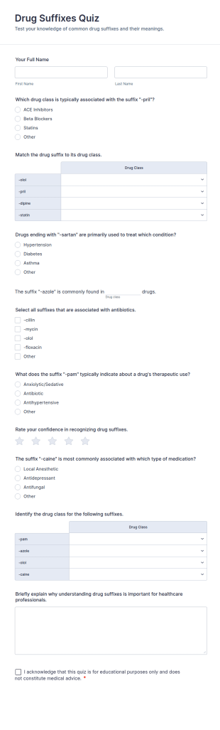 Drug Suffixes Quiz Form Template