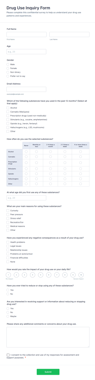 Drug Use Inquiry Form Template