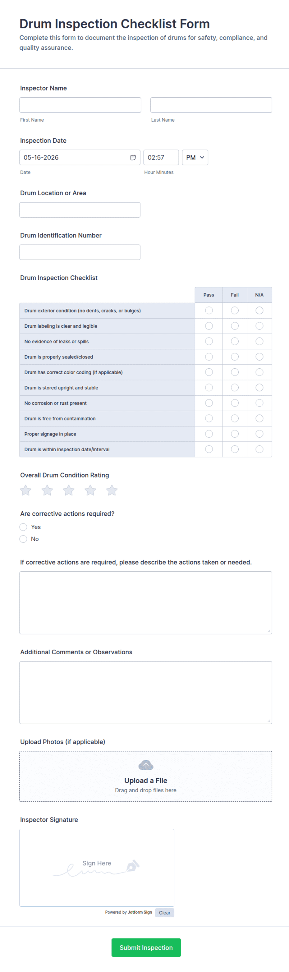 Drum Inspection Checklist Form Template | Jotform