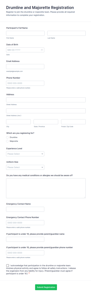 Drumline And Majorette Registration Form Template