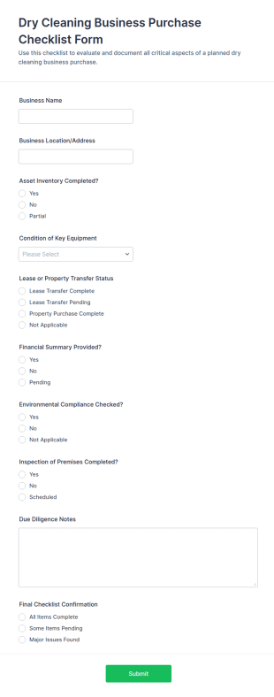 Dry Cleaning Business Purchase Checklist Form Template