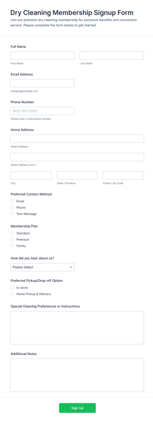 Dry Cleaning Membership Signup Form Template