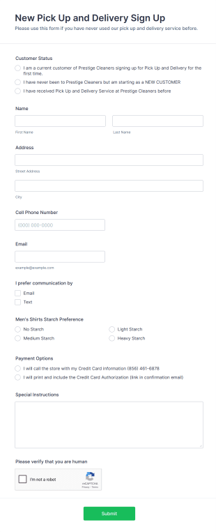 Dry Cleaning Pick Up And Delivery Form Template
