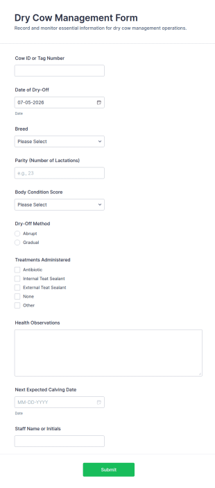 Dry Cow Management Form Template