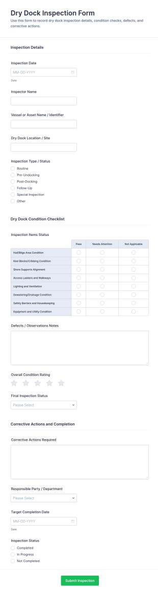 Dry Dock Inspection Checklist Form Template