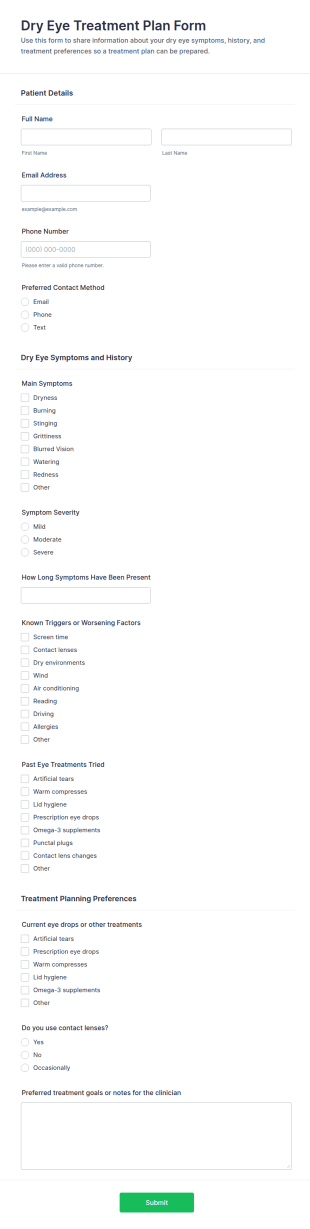 Dry Eye Treatment Plan Form Template