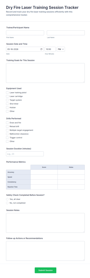 Dry Fire Laser Training Session Tracker Form Template