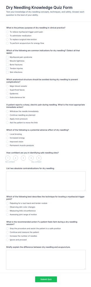 Dry Needling Knowledge Quiz Form Template