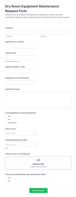 Dry Room Equipment Maintenance Request Form Template