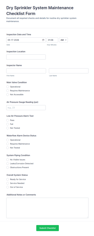 Dry Sprinkler System Maintenance Checklist Form Template