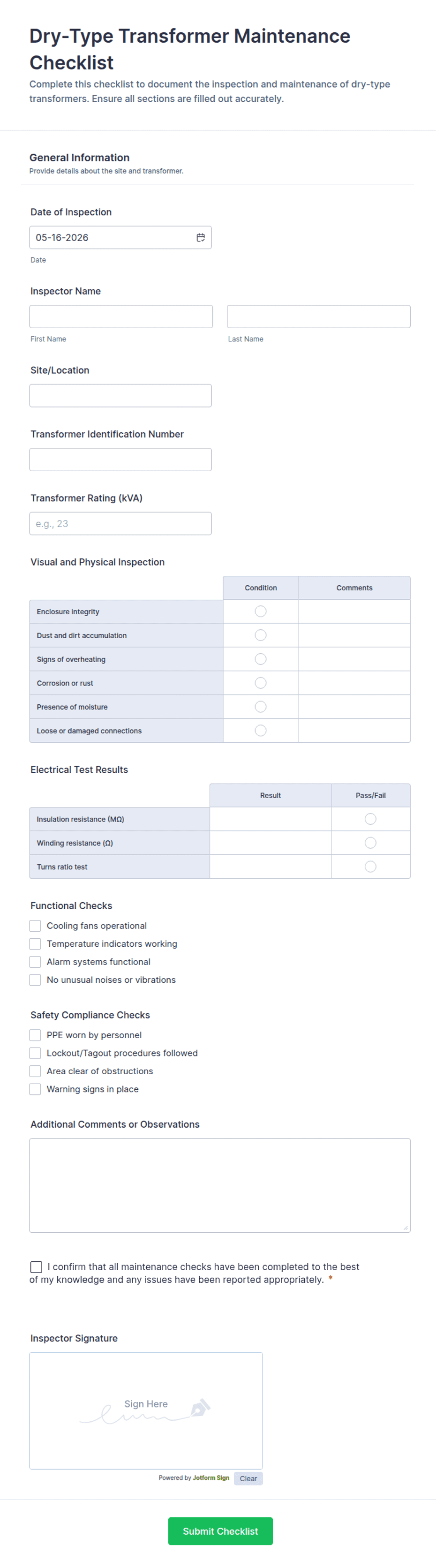 Dry-Type Transformer Maintenance Checklist Form Template | Jotform