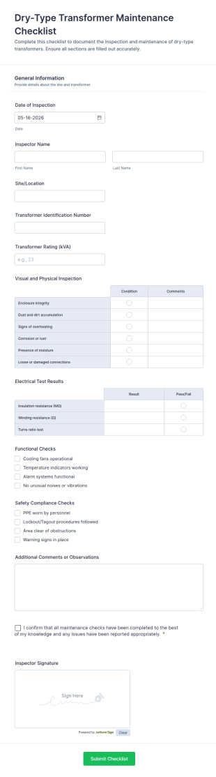 Dry Type Transformer Maintenance Checklist Form Template