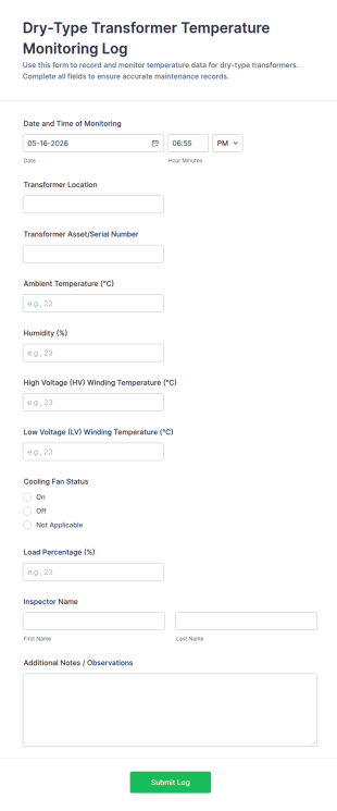Dry Type Transformer Temperature Monitoring Log Form Template