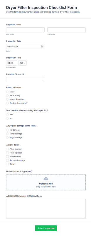 Dryer Filter Inspection Form Template