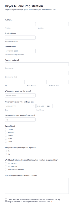 Dryer Queue Registration Form Template