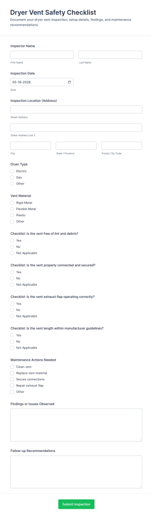 Dryer Vent Safety Checklist Form Template