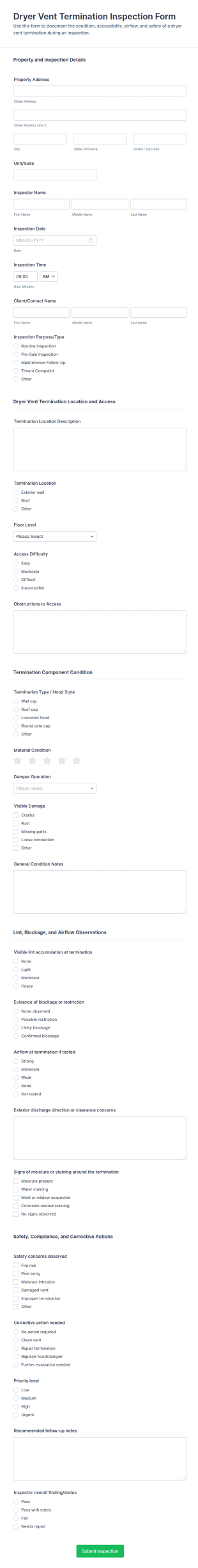 Dryer Vent Termination Inspection Form Template